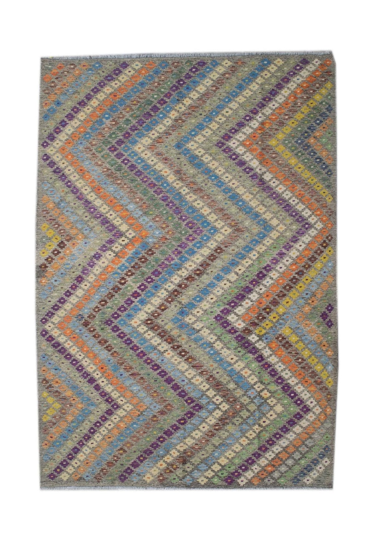 Handmade Afghan Maimana kilim rug featuring a vibrant, multicolored geometric chevron pattern.