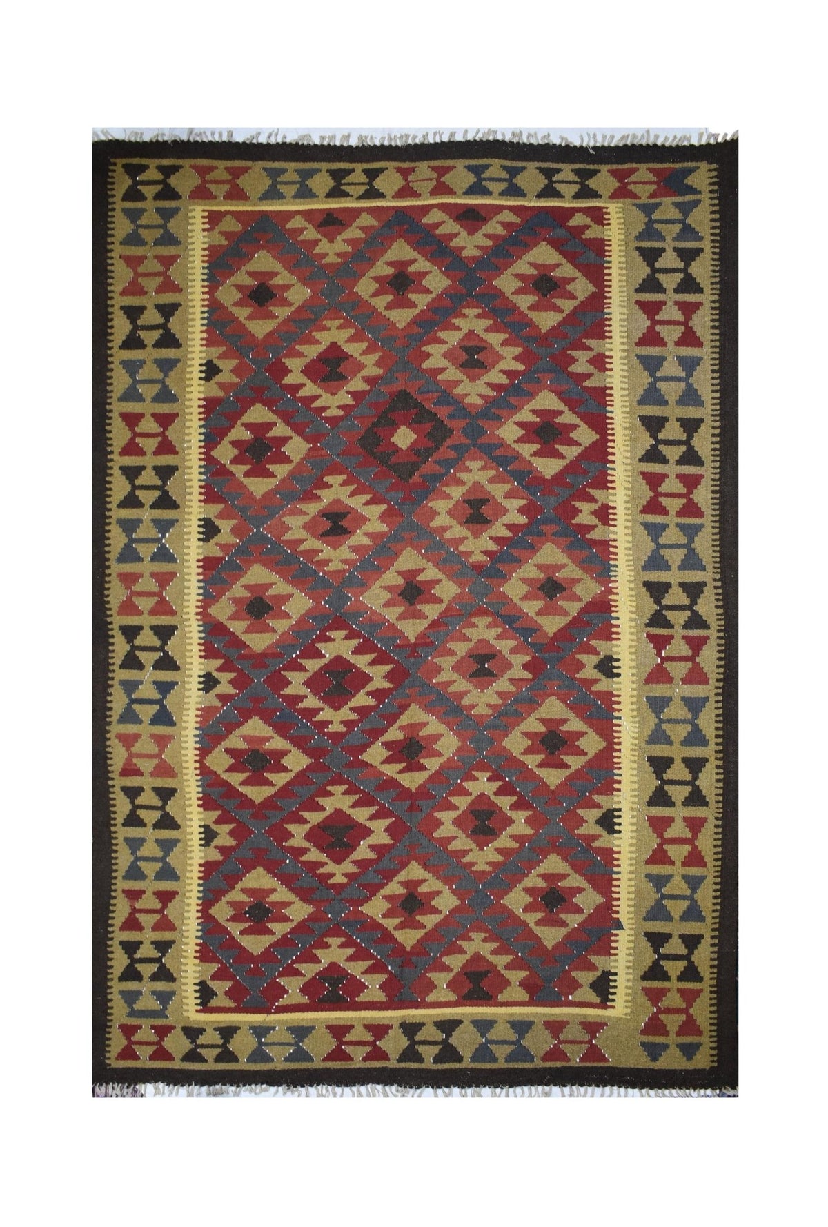 Handmade Afghan Maimana kilim rug featuring a geometric diamond pattern in red, blue, and tan.