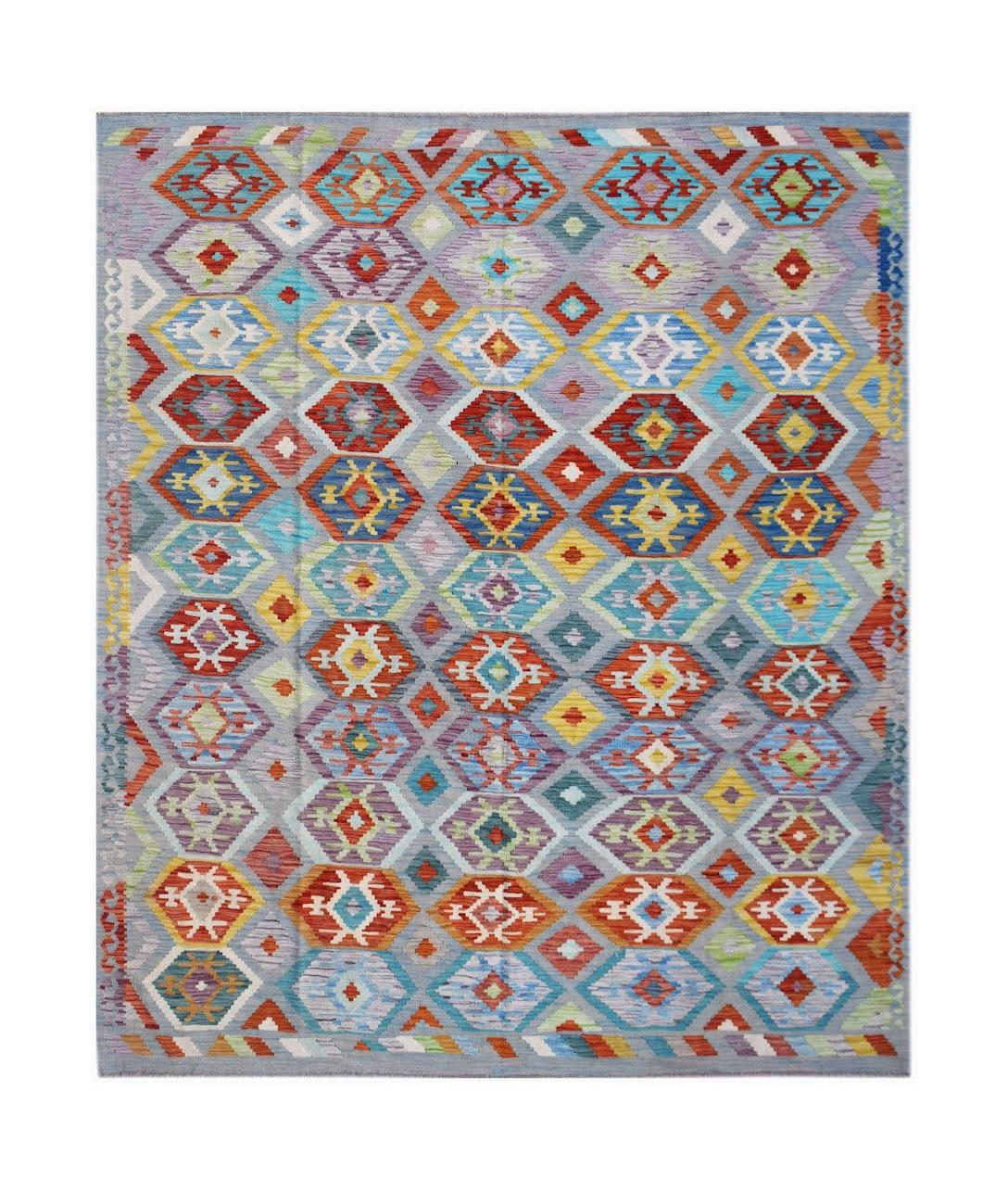 Handwoven Afghan Maimana kilim rug featuring a colorful geometric diamond pattern on a grey base.