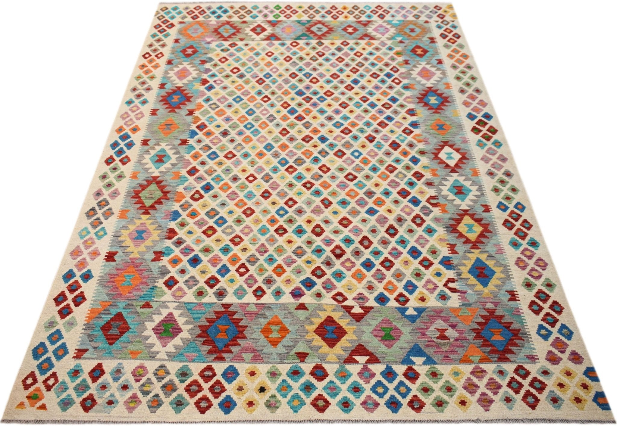 Handwoven Afghan Maimana kilim rug featuring a colorful geometric diamond pattern.