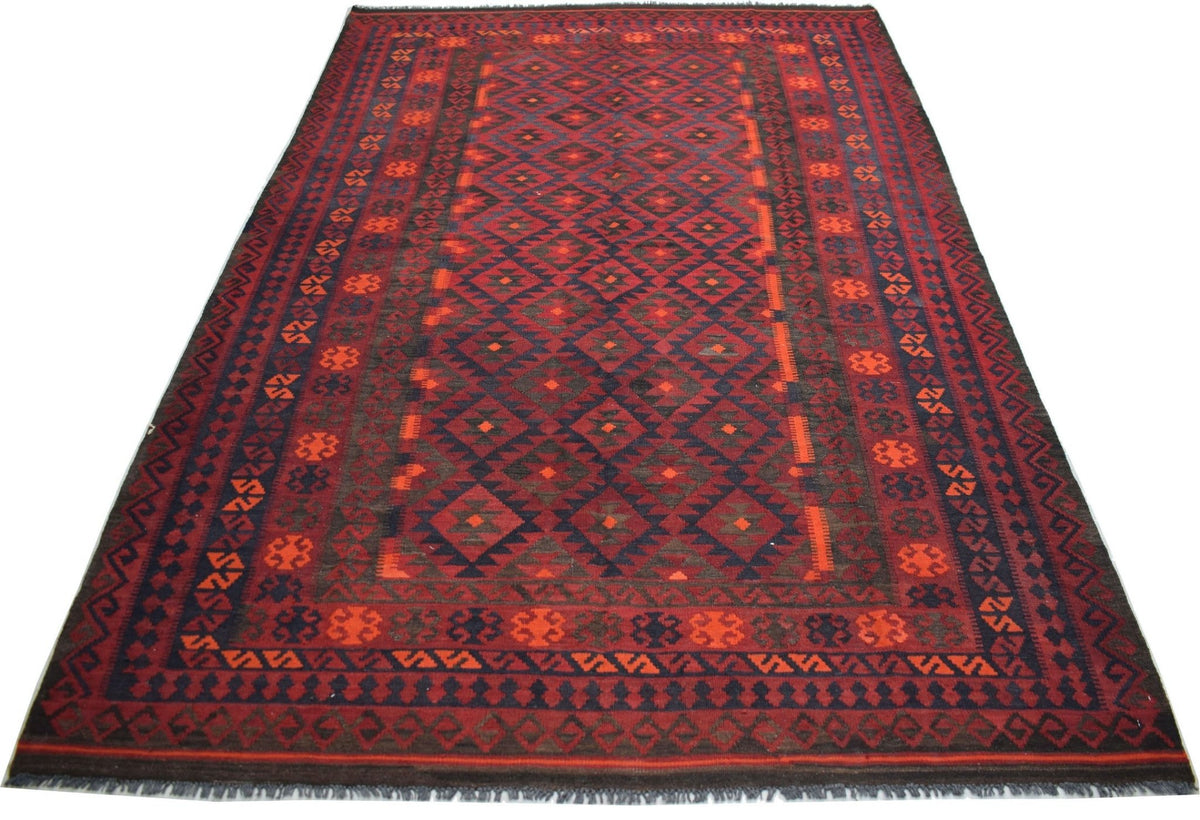 Handwoven Afghan Maimana kilim rug featuring a geometric diamond pattern in red and dark blue.