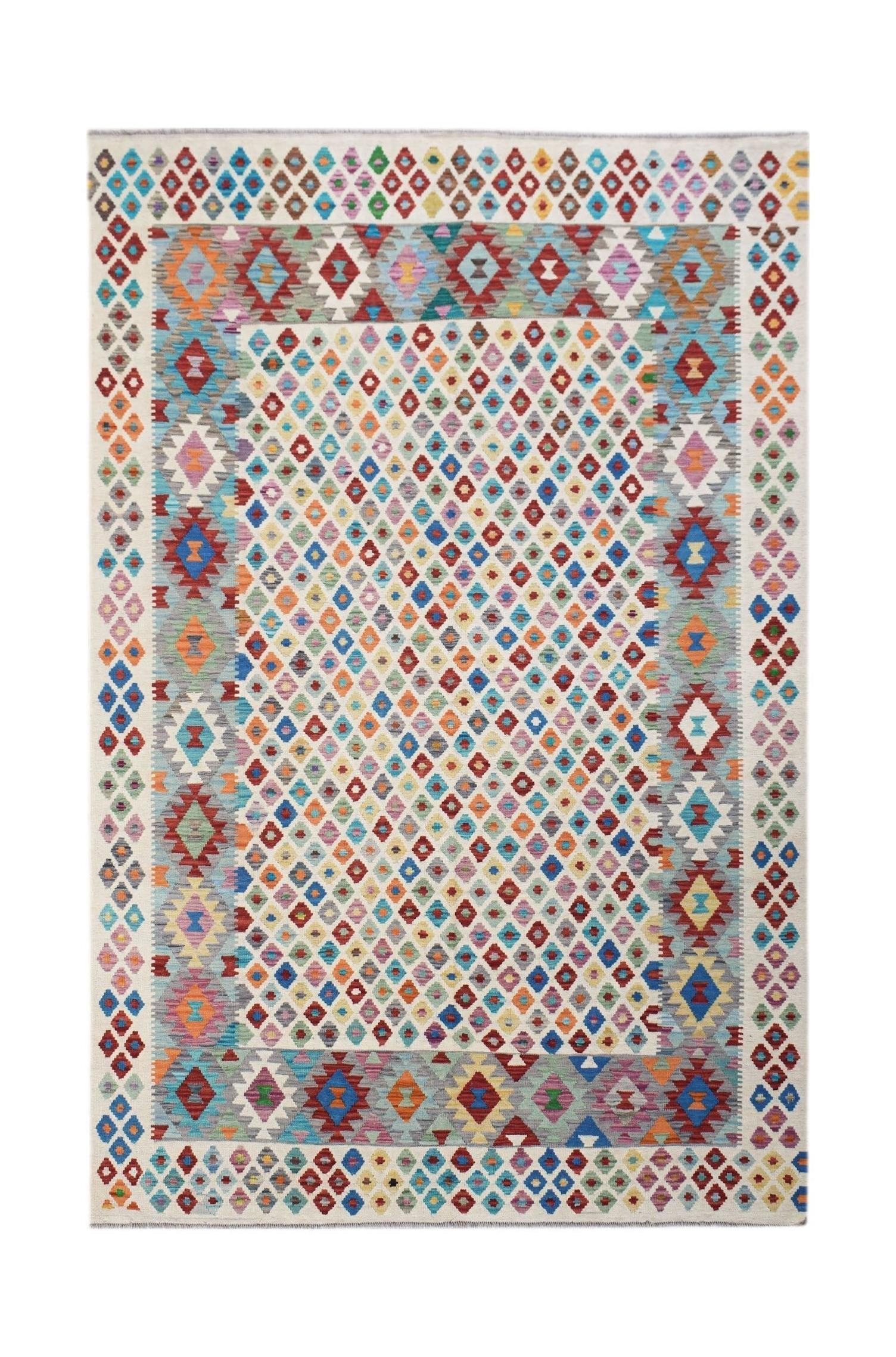 Handwoven Afghan Maimana kilim rug featuring a colorful geometric diamond pattern.