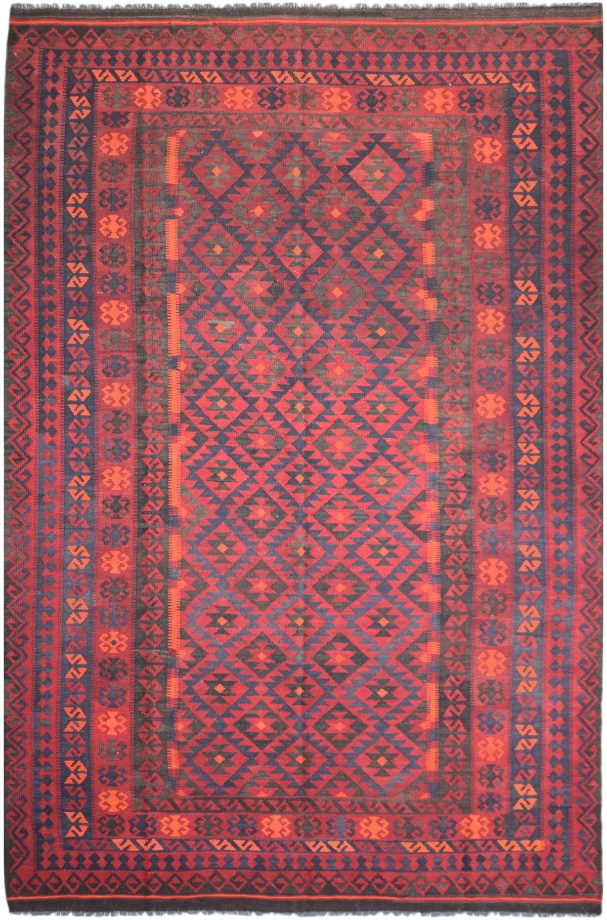 Handwoven Afghan Maimana kilim rug featuring a geometric diamond pattern in red and dark blue.
