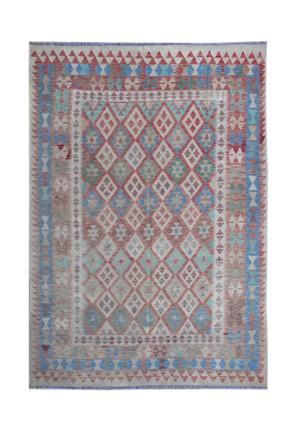 Handmade Afghan Maimana kilim rug featuring a geometric diamond pattern in muted earth tones.