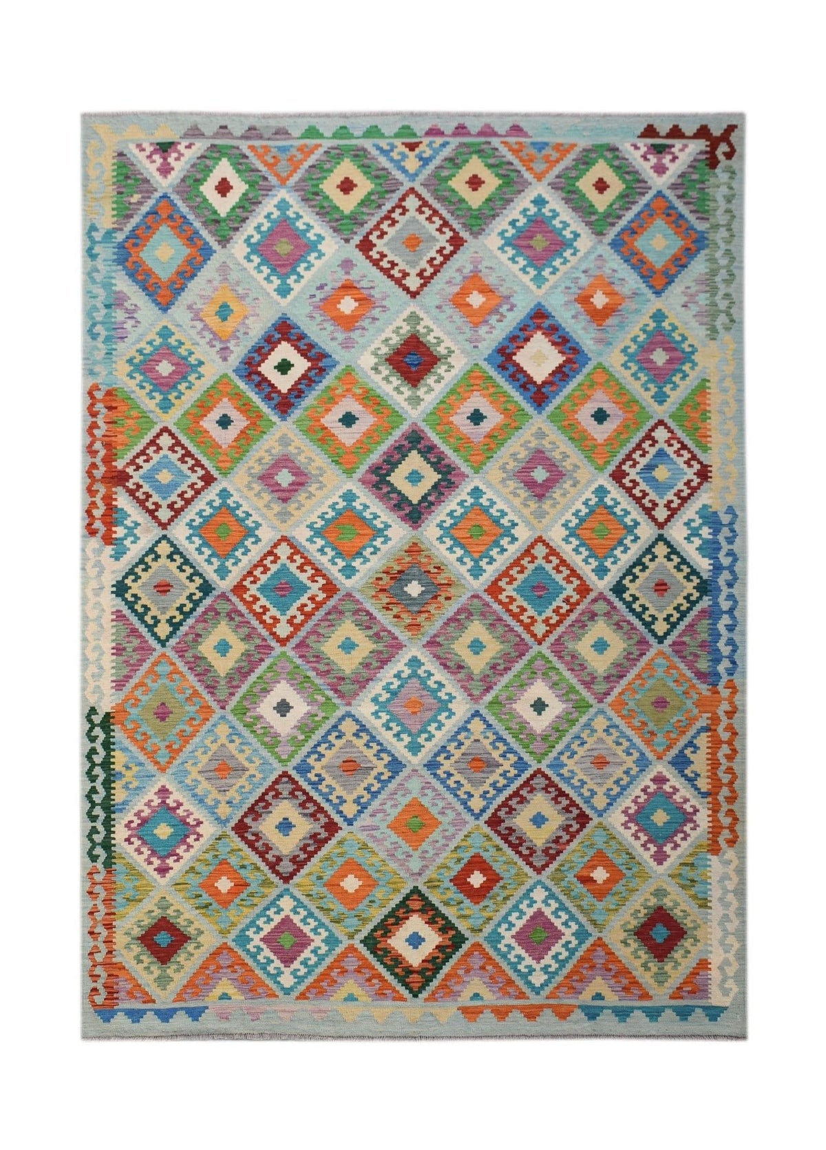 Handwoven Afghan Maimana kilim rug featuring a colorful geometric diamond pattern in wool.