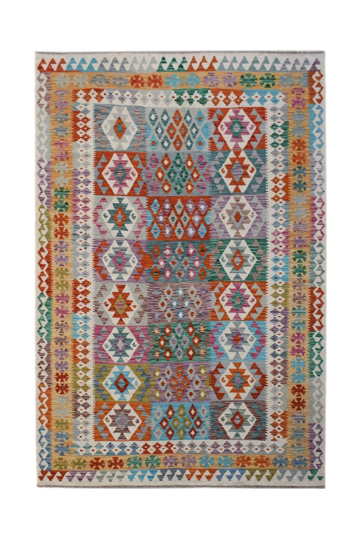 Handwoven Afghan Maimana kilim rug featuring a colorful geometric pattern in a flatweave design.