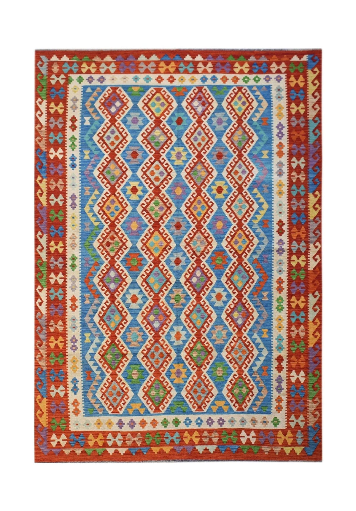 Handmade Afghan Maimana kilim rug featuring a vibrant geometric diamond pattern in wool.