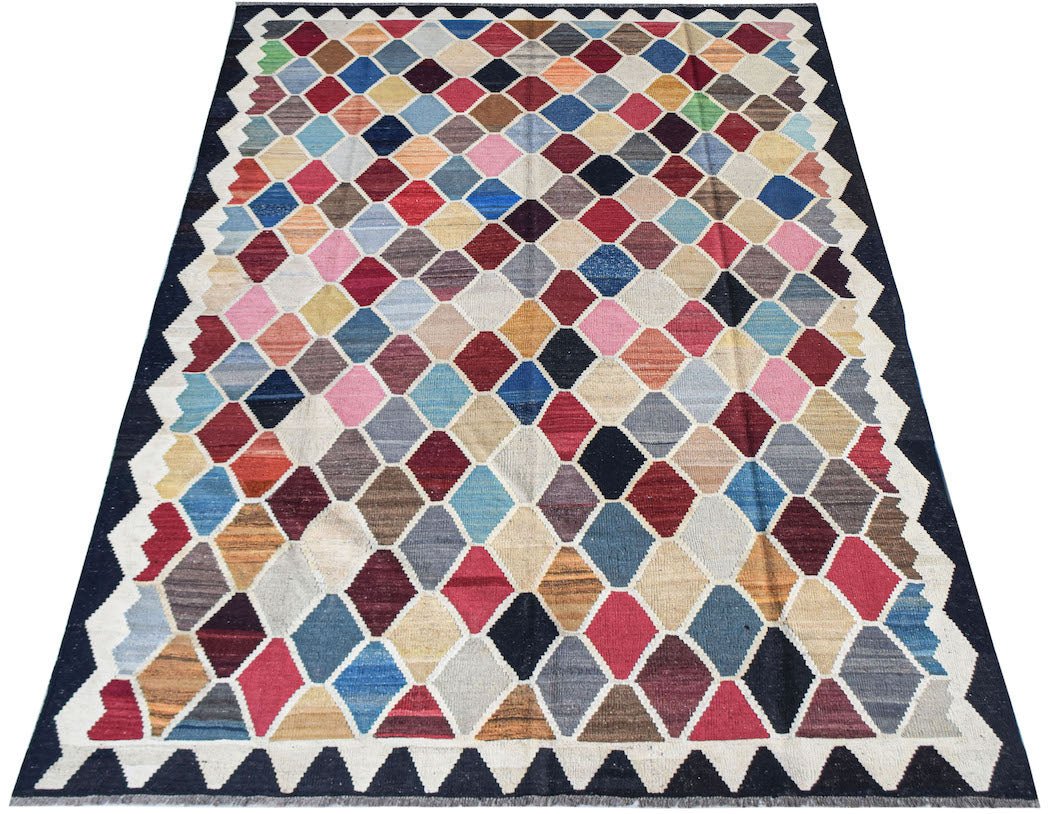 Afghan Maimana Kilim with a diamond pattern in various colors.