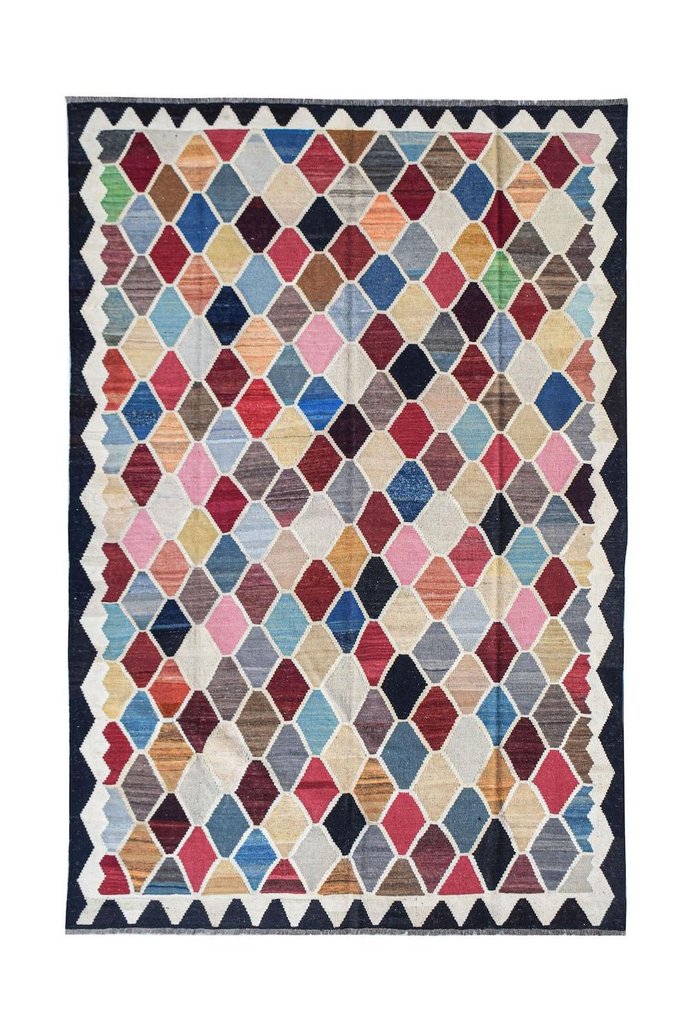 Handwoven Afghan Maimana kilim rug featuring a colorful geometric diamond pattern.