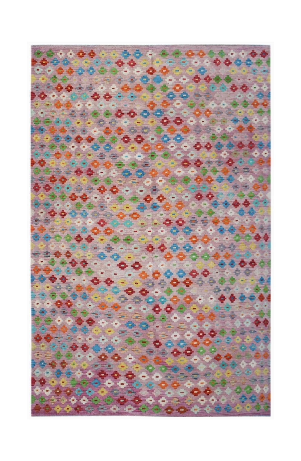 Handwoven Afghan Maimana kilim rug featuring a colorful geometric pattern on a light purple base.