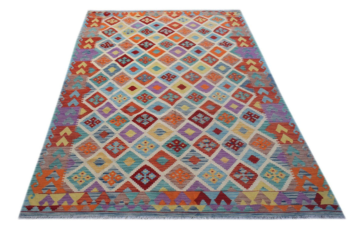 Handwoven Afghan Maimana kilim rug featuring a colorful geometric diamond pattern.