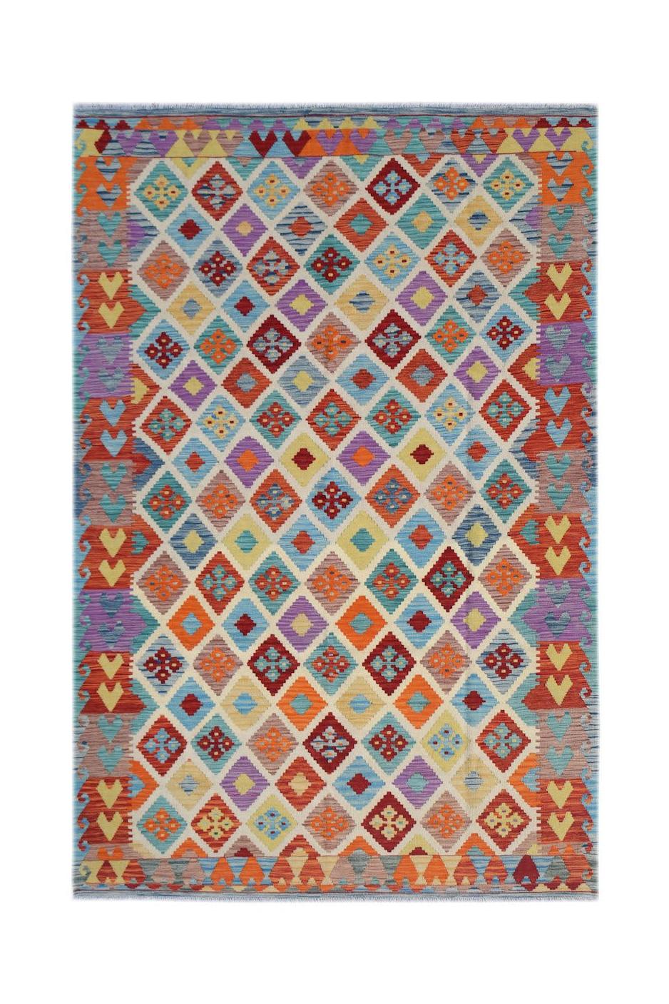 Handwoven Afghan Maimana kilim rug featuring a colorful geometric diamond pattern.