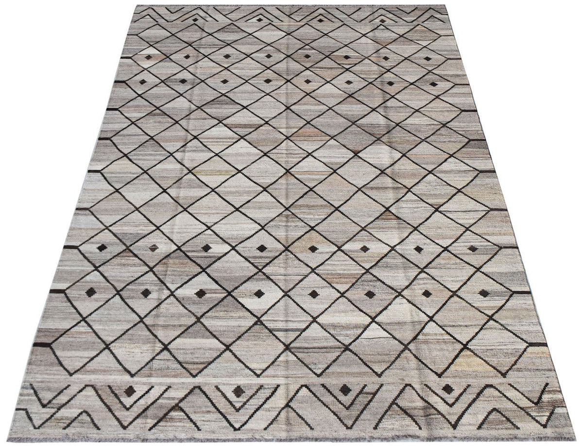 Handwoven Afghan Maimana kilim rug featuring a neutral diamond pattern and geometric borders.