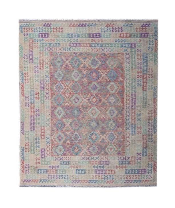 Handmade Afghan Maimana kilim rug featuring a geometric diamond pattern in soft pastel tones.