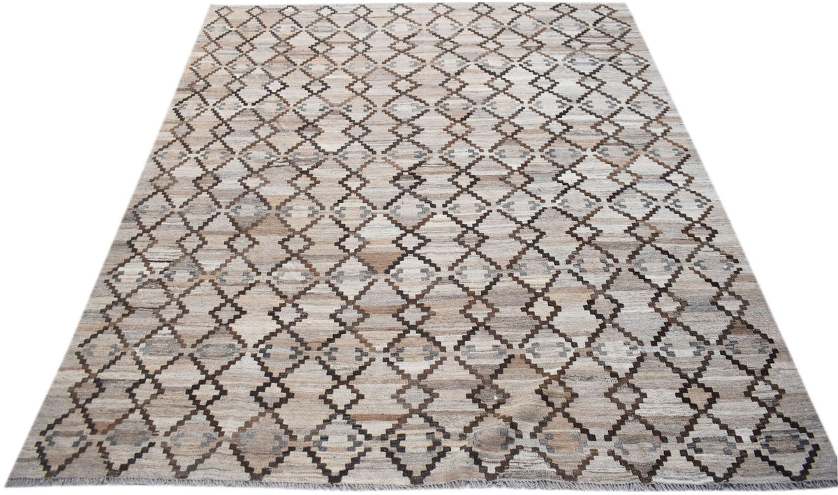Handwoven Afghan Maimana kilim rug featuring a repeating geometric diamond pattern in neutral tones.