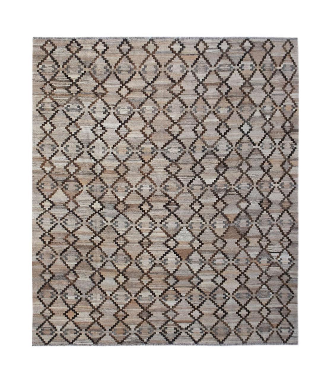 Handwoven Afghan Maimana kilim featuring a geometric diamond pattern in neutral earth tones.