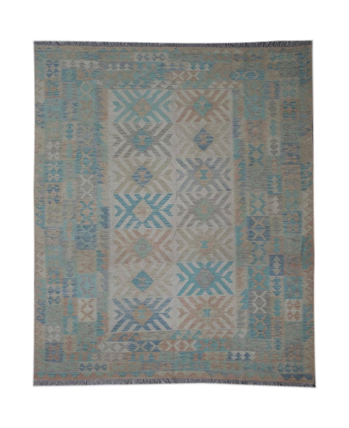 Handmade Afghan Maimana kilim rug featuring a geometric pattern in blue, beige, and grey tones.