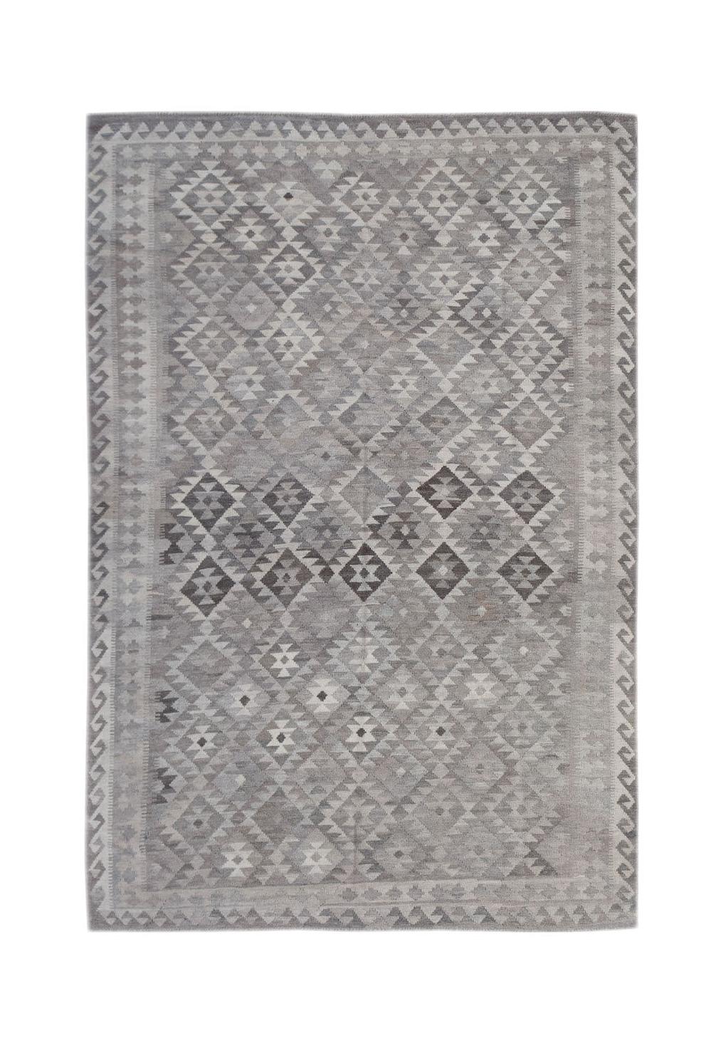 Handwoven Afghan Maimana kilim rug featuring a grey geometric pattern in undyed natural wool.