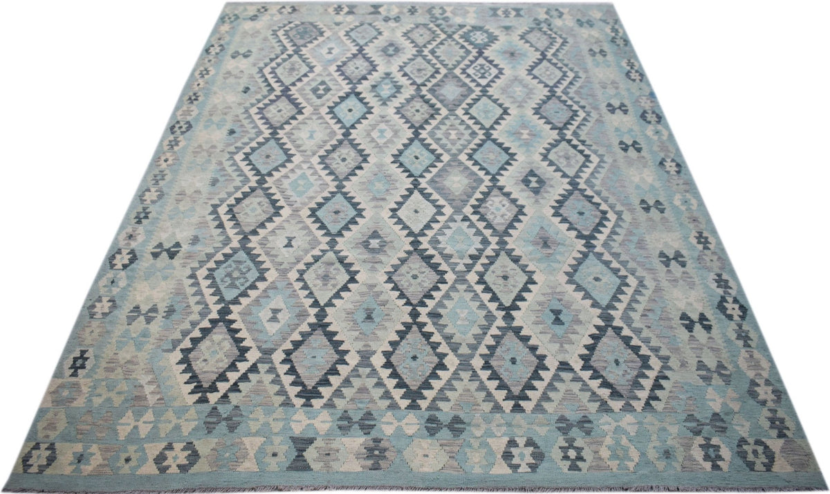 Handwoven Afghan Maimana kilim rug featuring a geometric diamond pattern in shades of blue and grey.