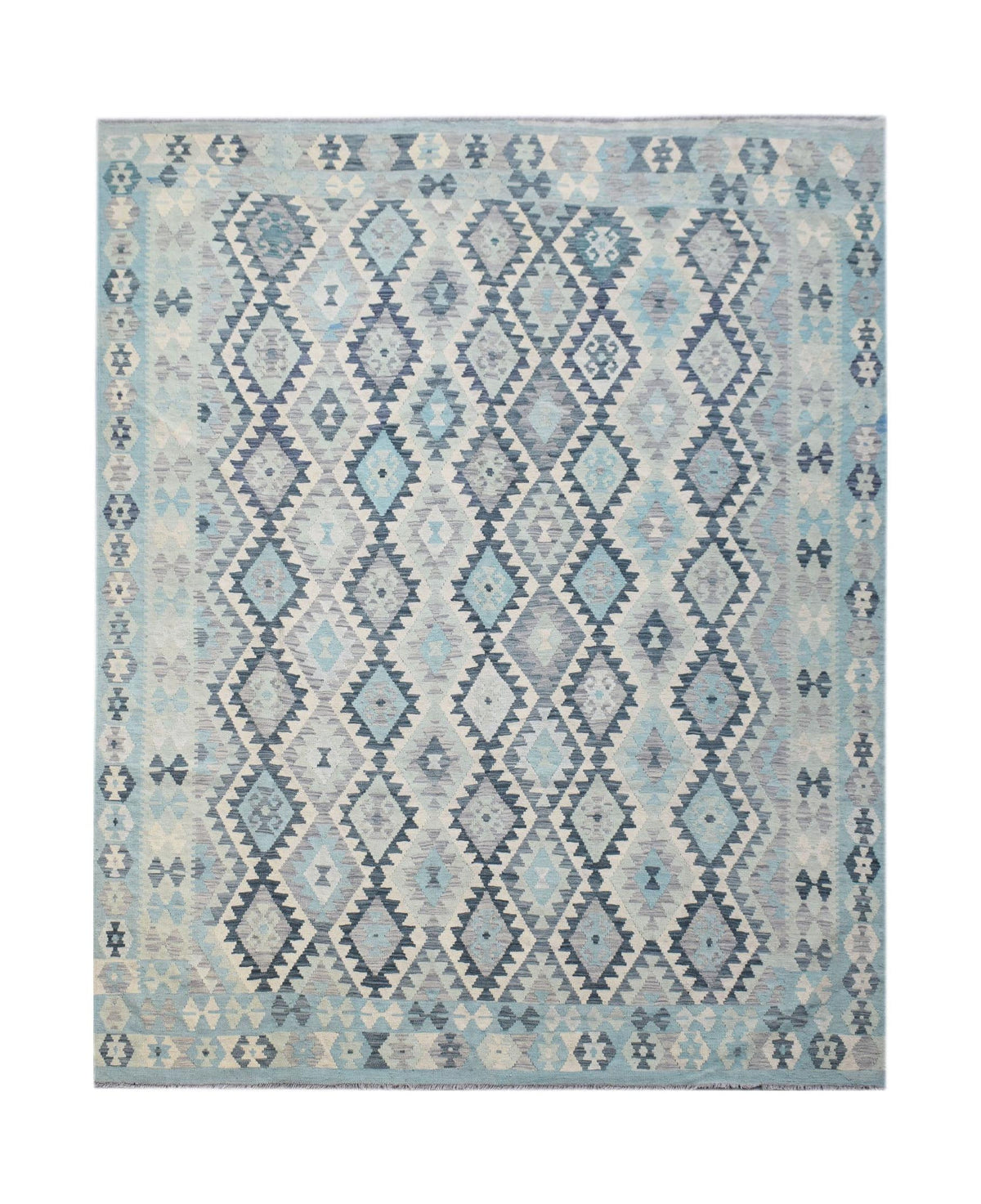 Handwoven Afghan Maimana kilim rug featuring a geometric diamond pattern in shades of blue and grey.