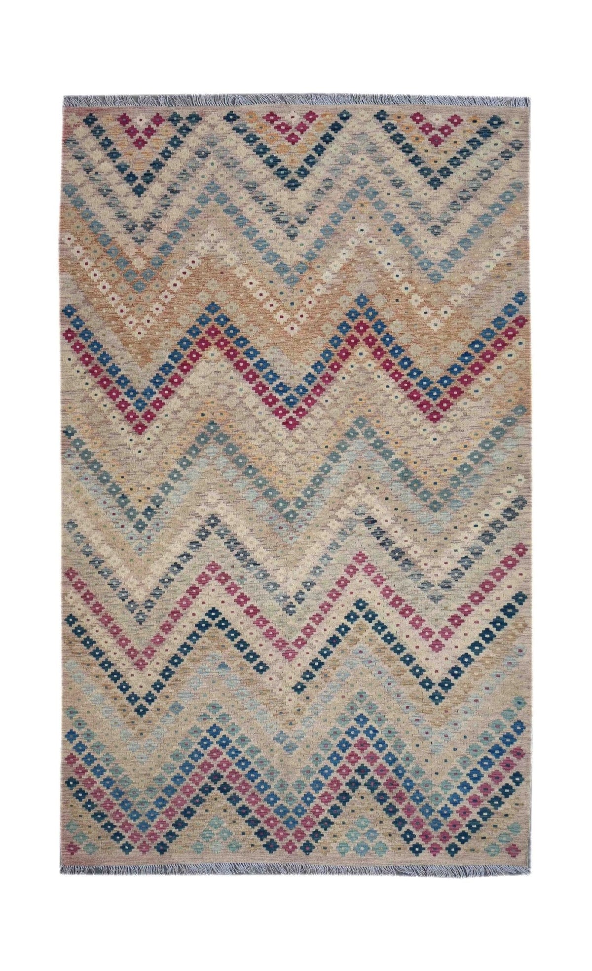 Handmade Afghan Maimana kilim rug featuring a colorful geometric chevron pattern on a tan base.