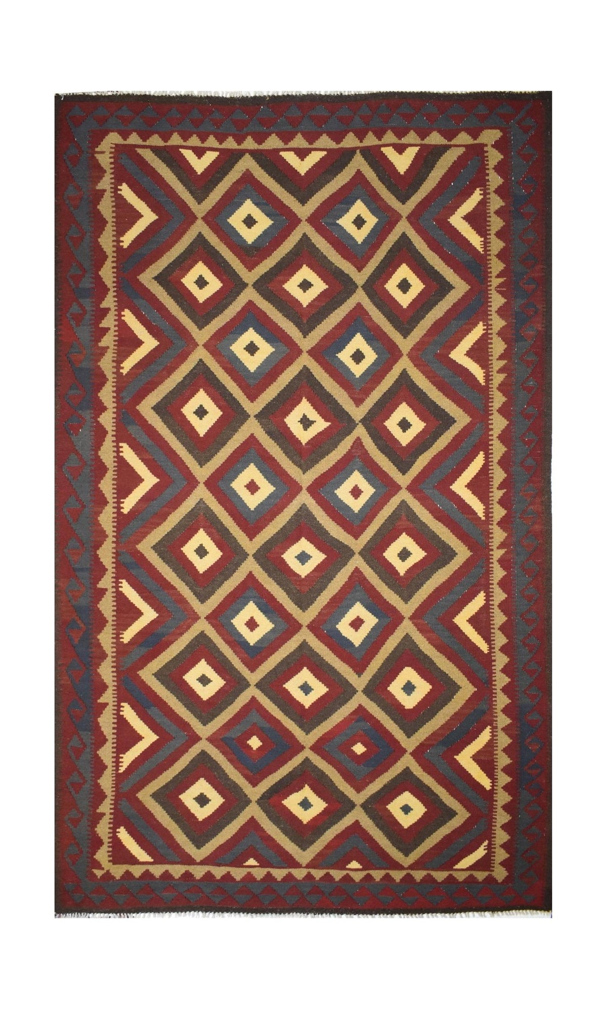 Handmade Afghan Maimana kilim rug featuring a repeating geometric diamond pattern in earthy tones.