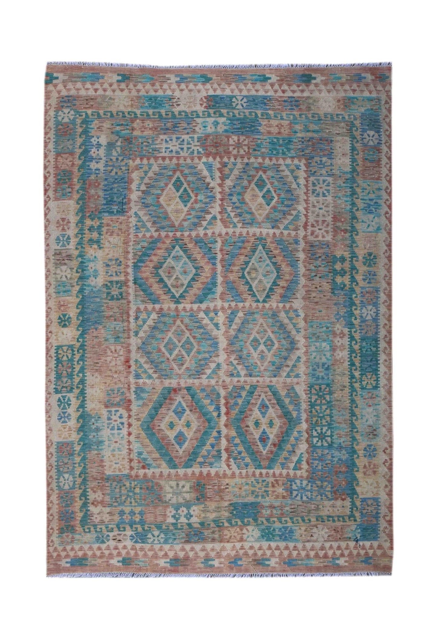 Handmade Afghan Maimana kilim rug featuring a geometric diamond pattern in blue and earthy tones.