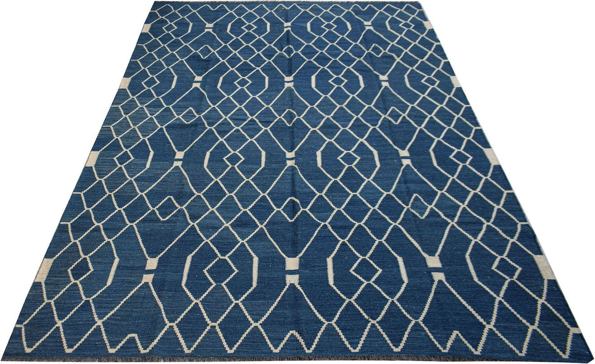 Afghan Maimana Kilim with a blue and white geometric pattern.