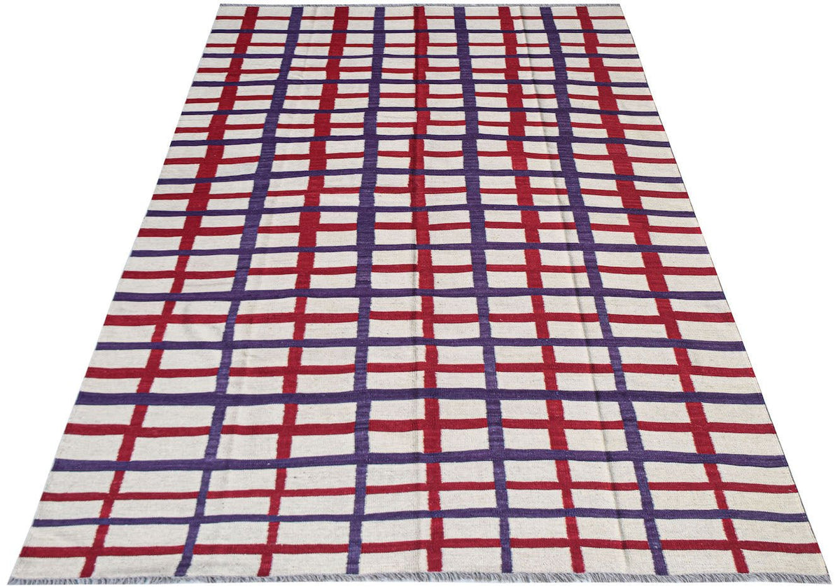 Afghan Maimana Kilim with a red and purple plaid pattern on a cream background.