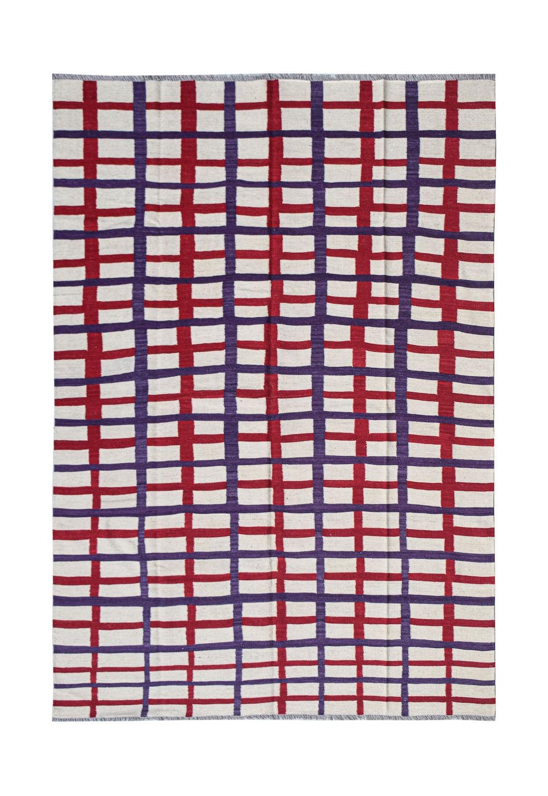 Handwoven Afghan Maimana kilim rug featuring a grid pattern of red and purple lines on a cream base.