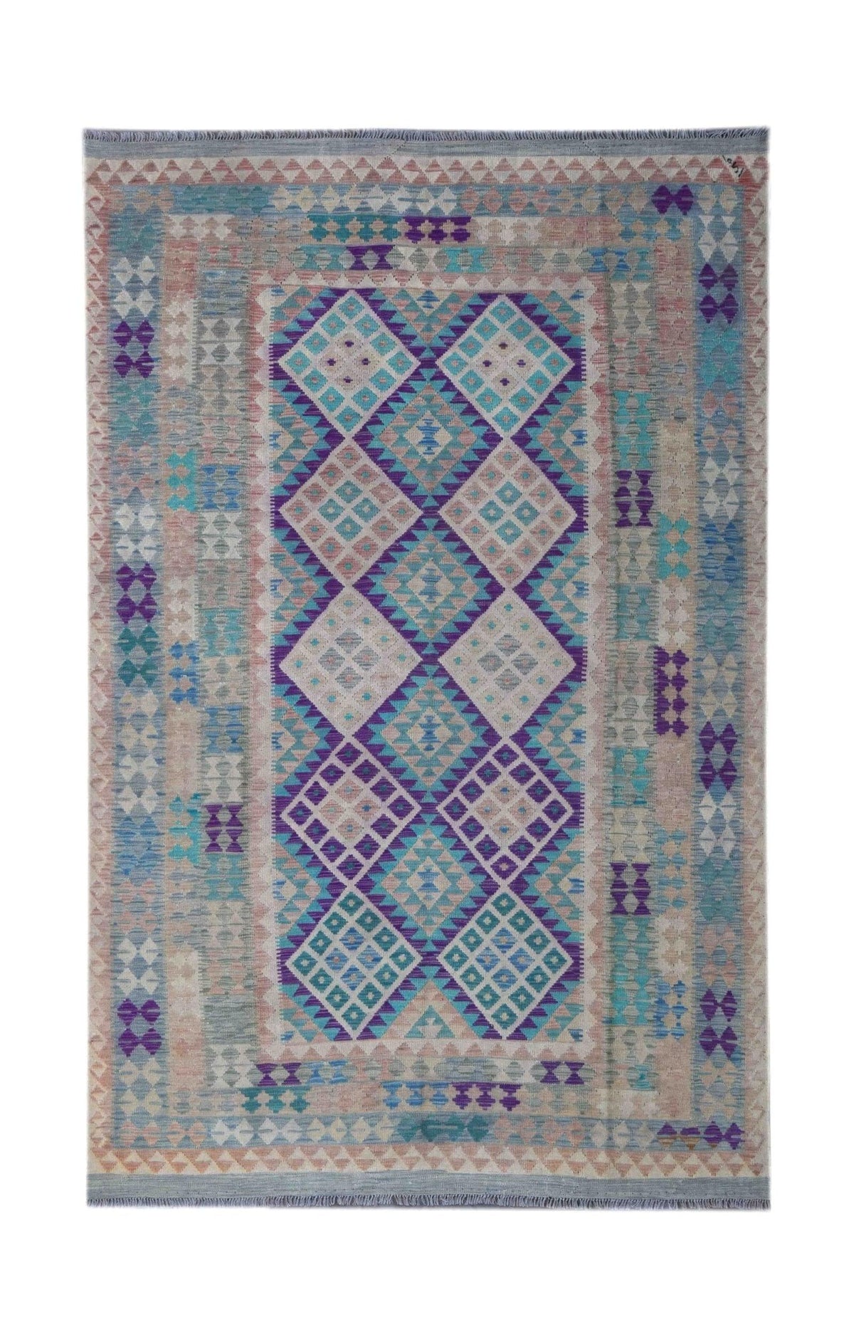 Handmade Afghan Maimana kilim rug featuring a geometric diamond pattern in blue, purple, and tan.