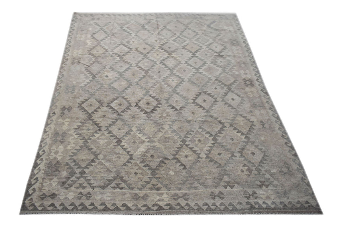 A handmade Afghan Maimana kilim rug featuring a neutral grey geometric diamond pattern.