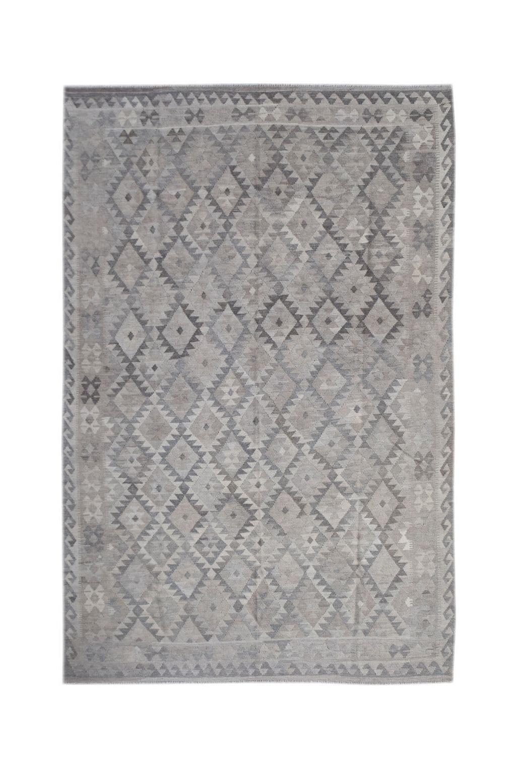 Handwoven Afghan Maimana kilim rug featuring a grey geometric diamond pattern in natural wool.