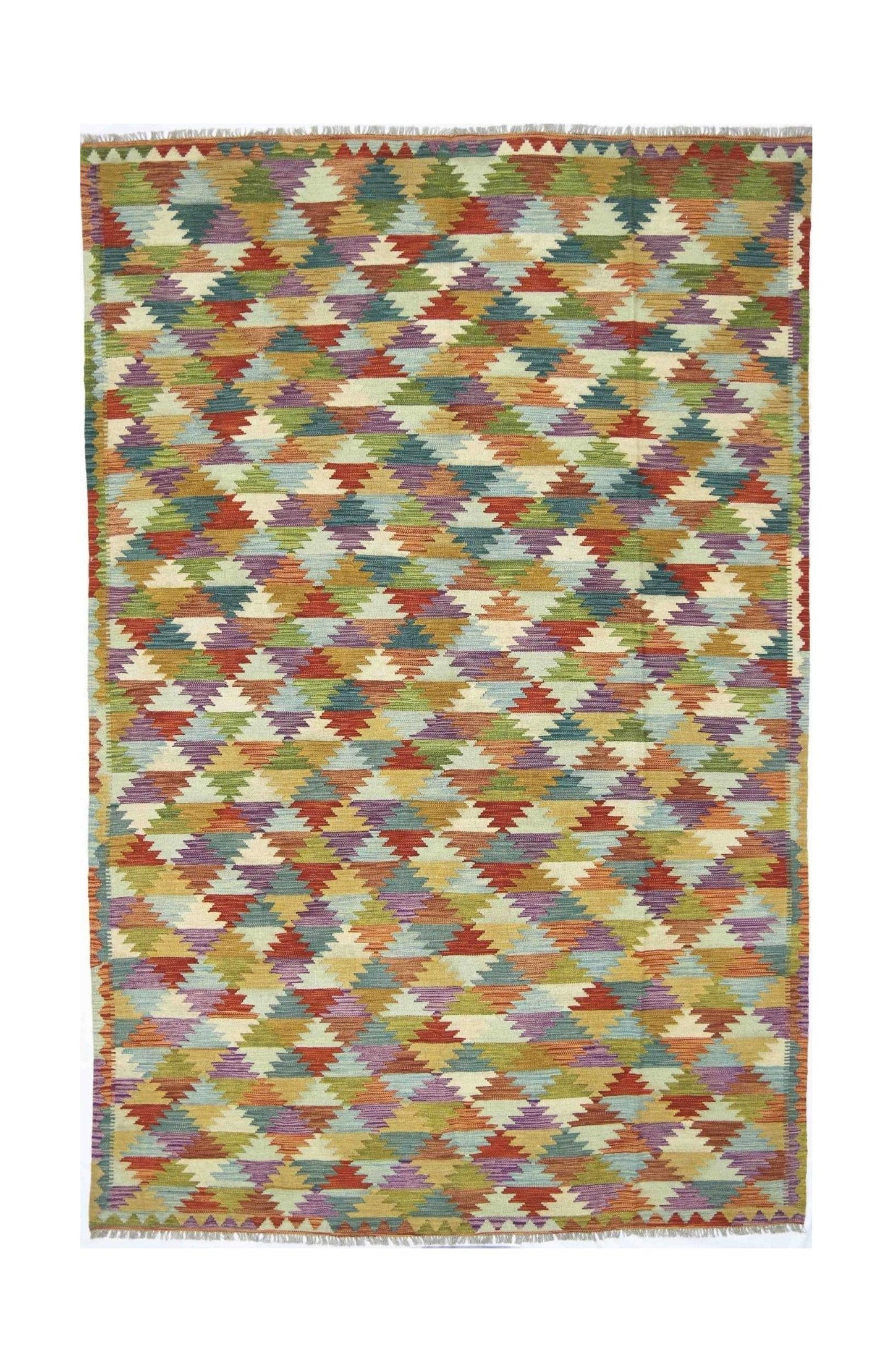 Handmade Afghan Maimana kilim rug featuring a colorful geometric pattern in wool.