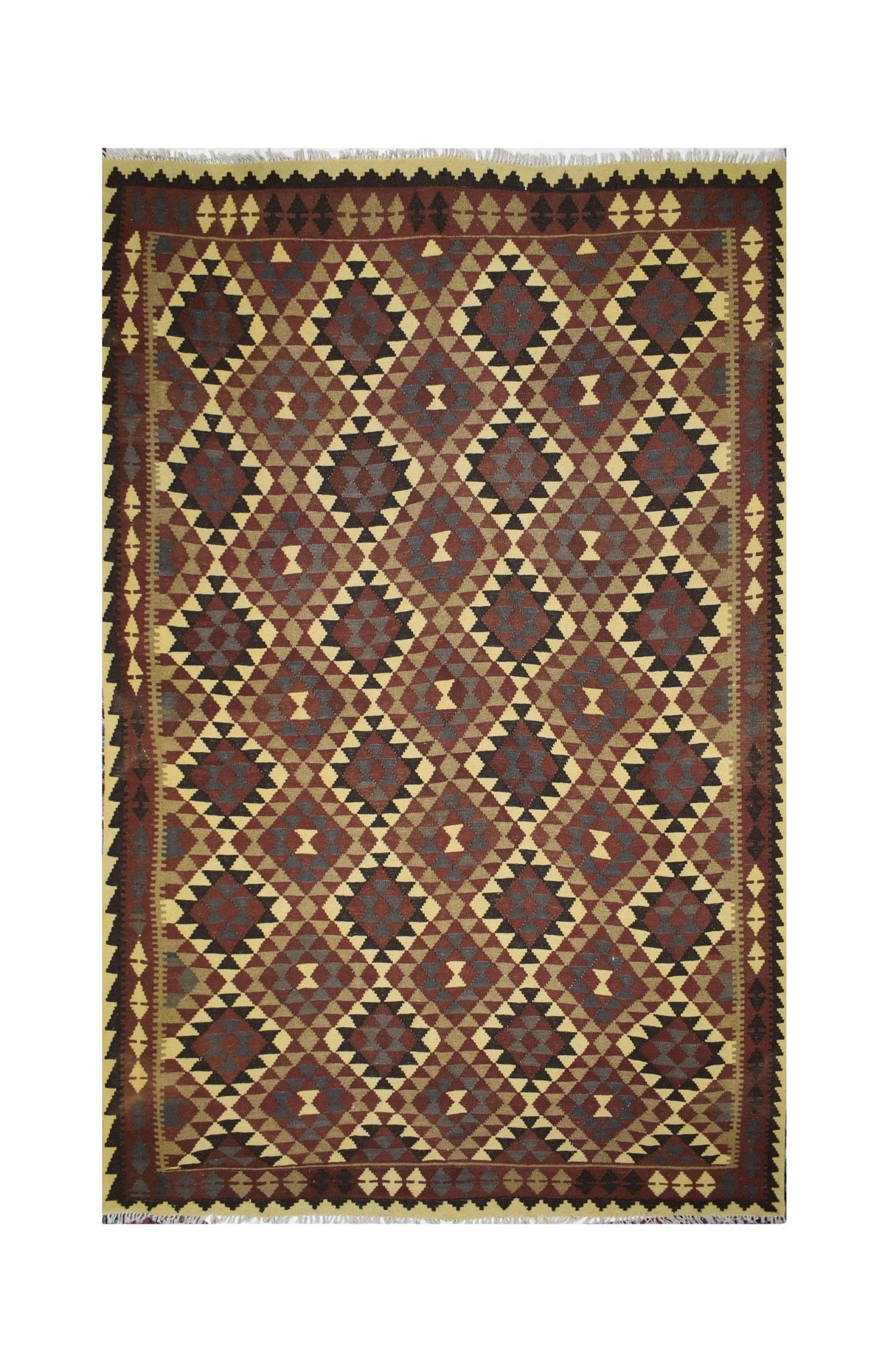 Handmade Afghan Maimana kilim rug featuring a geometric diamond pattern in earthy tones.