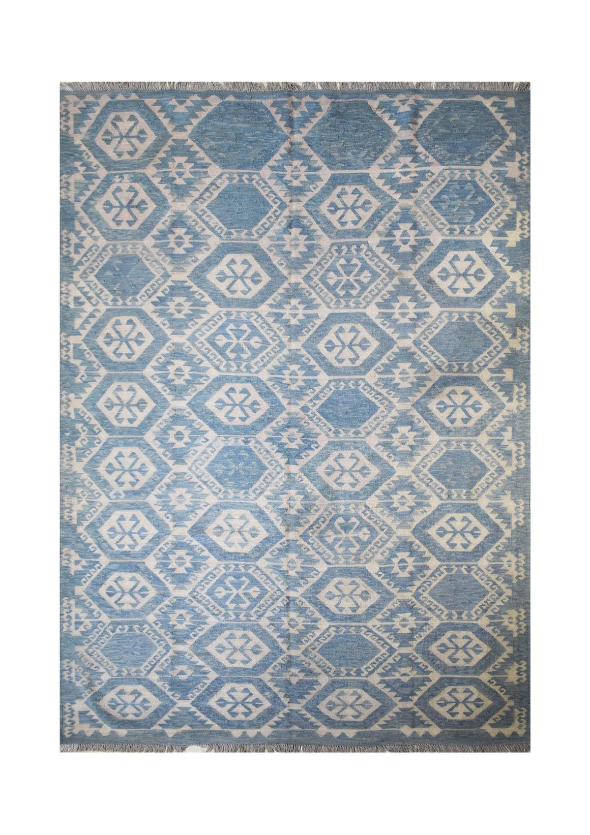 Handmade Afghan Maimana kilim rug featuring a blue and cream geometric hexagonal pattern.