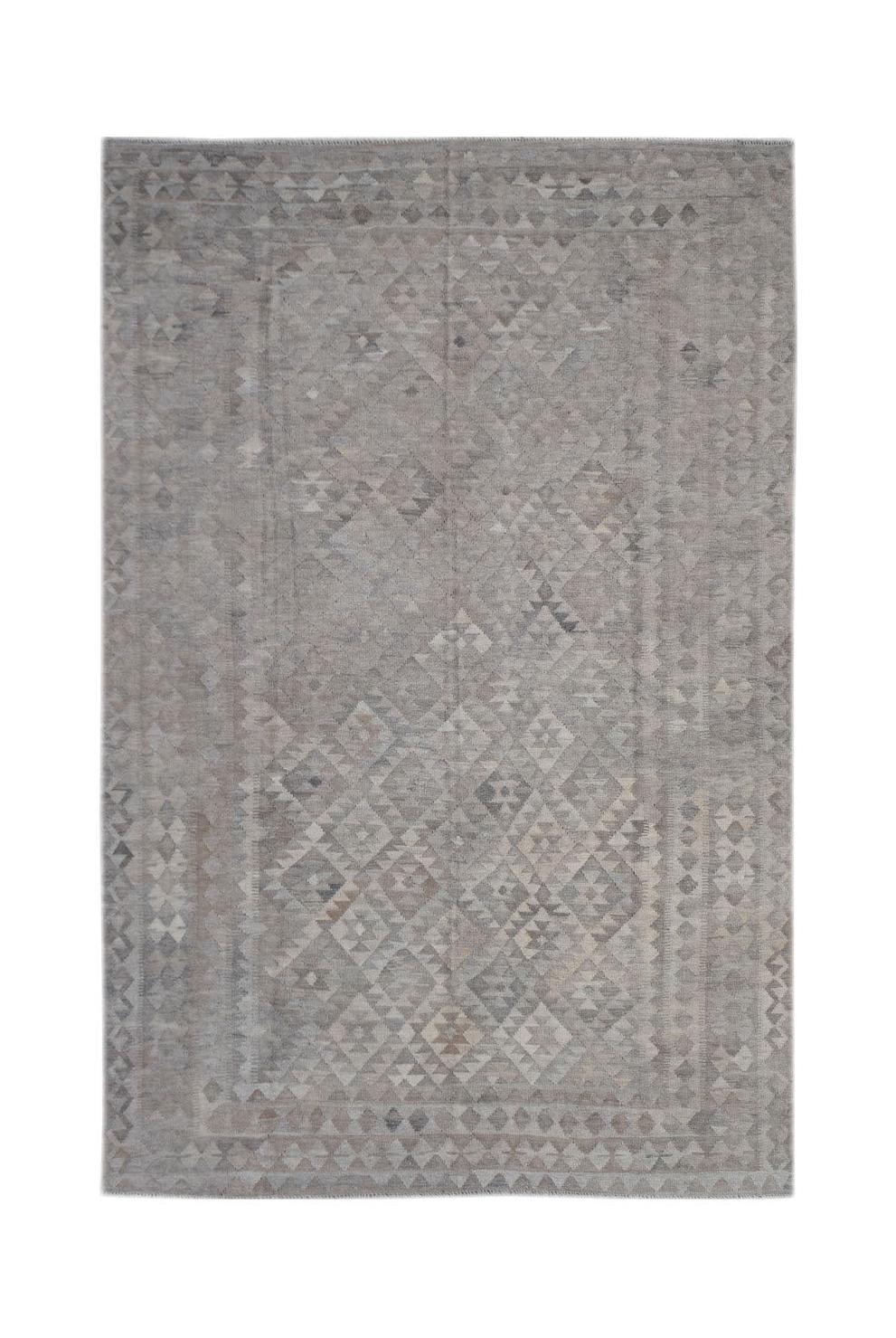 Handwoven Afghan Maimana kilim rug featuring a neutral grey geometric diamond pattern.