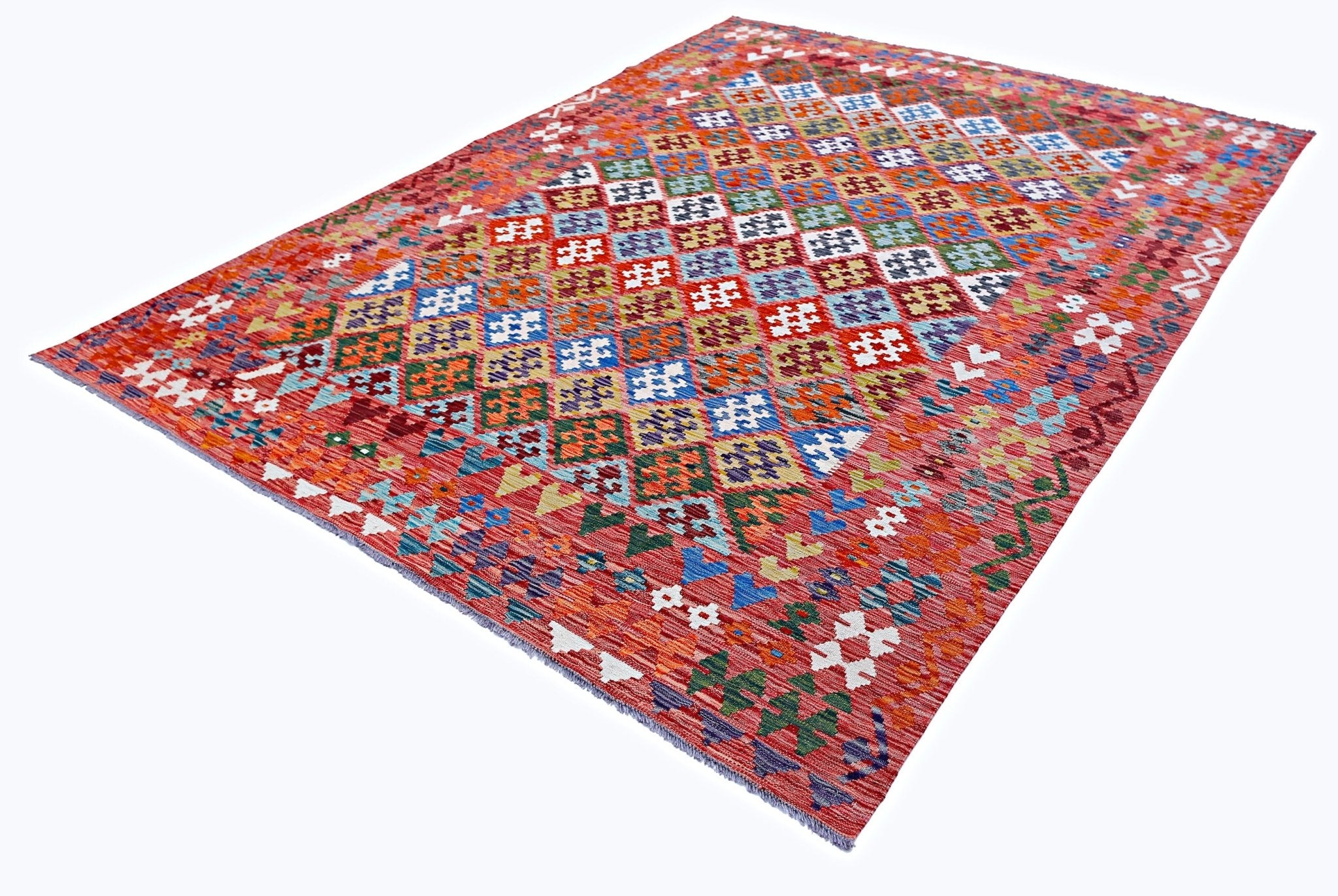 Handwoven Afghan Maimana kilim rug featuring a vibrant geometric diamond pattern in wool.