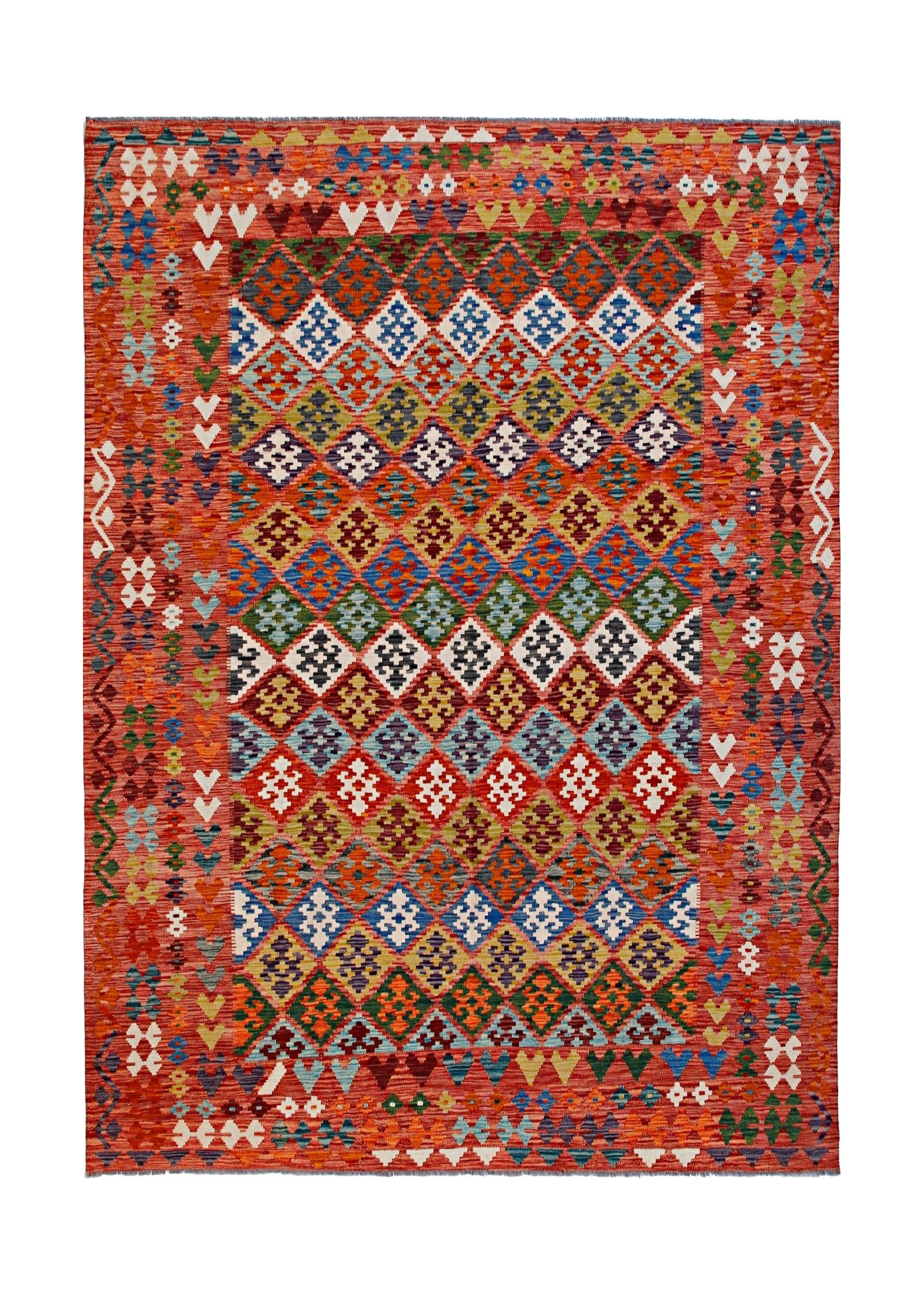 A rectangular Afghan Maimana kilim featuring a vibrant, multi-colored geometric diamond pattern.