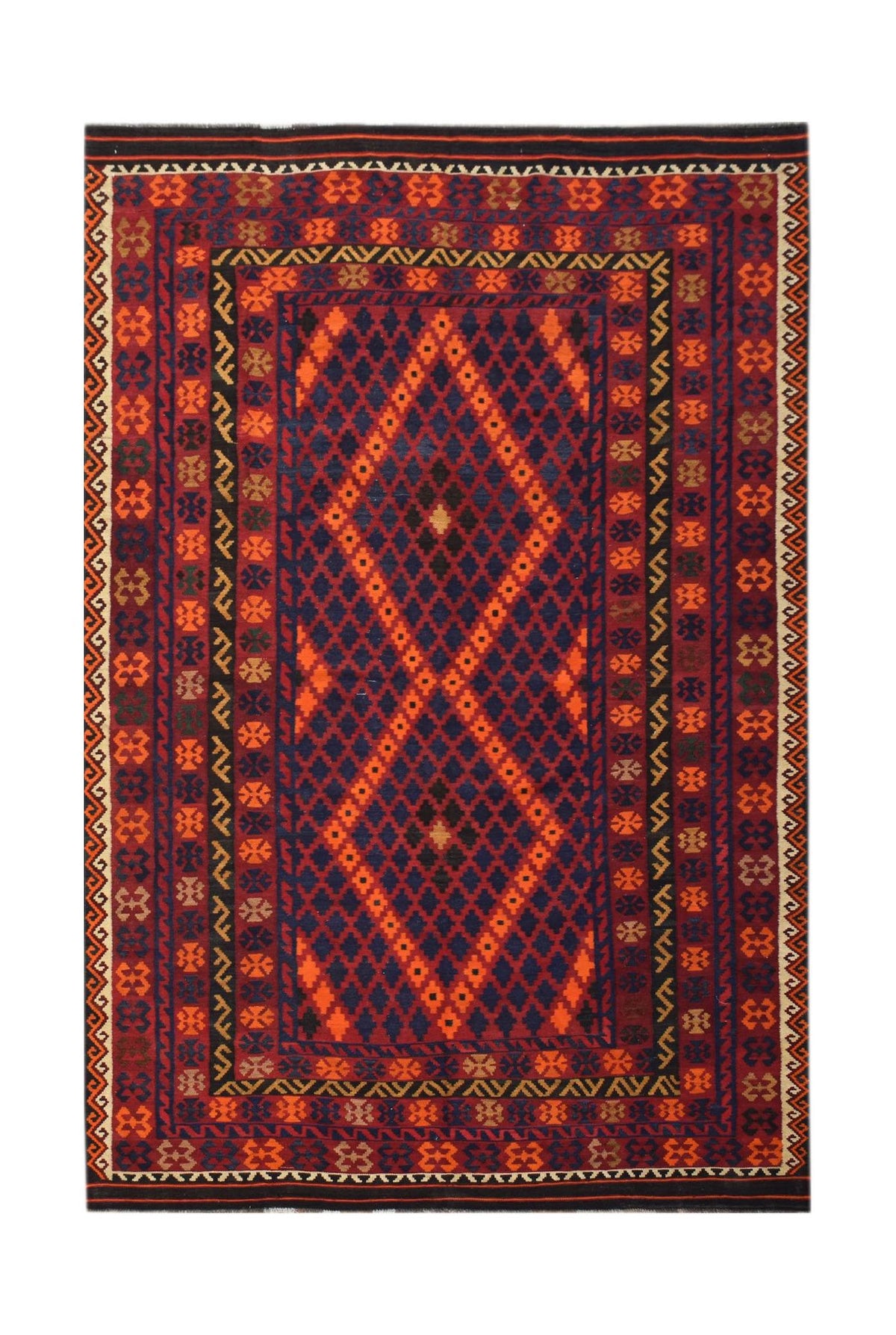 Handwoven Afghan Maimana kilim in red and navy blue with a geometric diamond pattern and flatweave Ghazni wool texture.