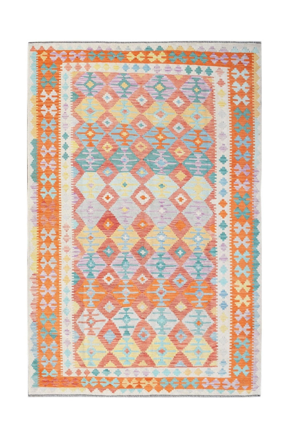 Handwoven Afghan Maimana kilim rug featuring a colorful geometric diamond pattern.