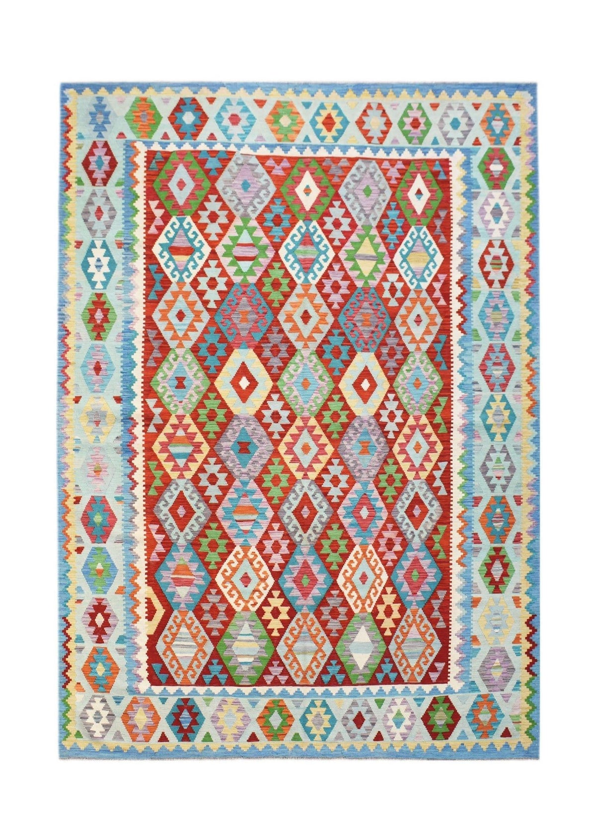 Handwoven Afghan Maimana kilim rug featuring a vibrant geometric diamond pattern in wool.