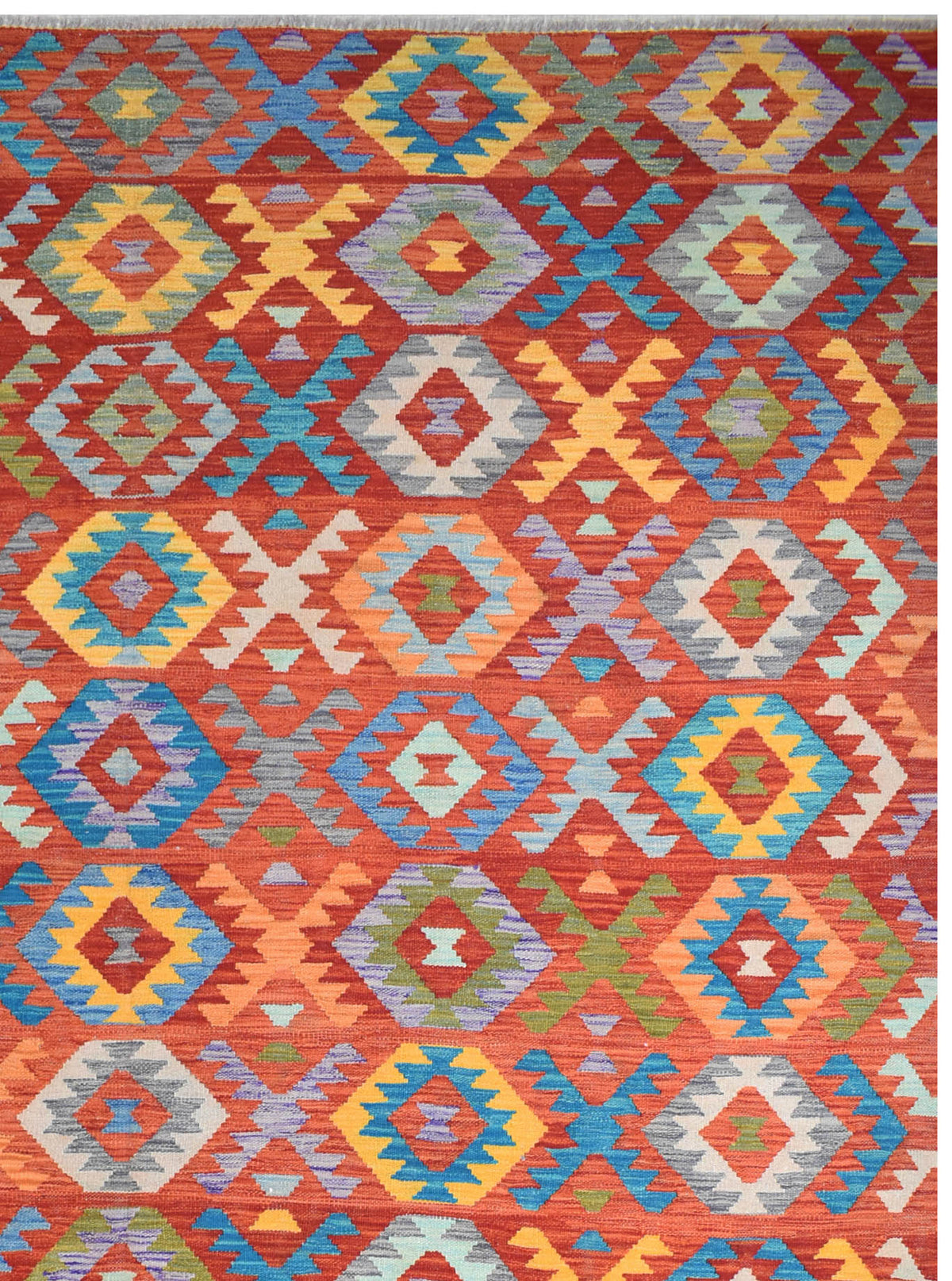 Handmade Afghan Maimana kilim rug featuring a vibrant geometric pattern in rich, multicolored hues.