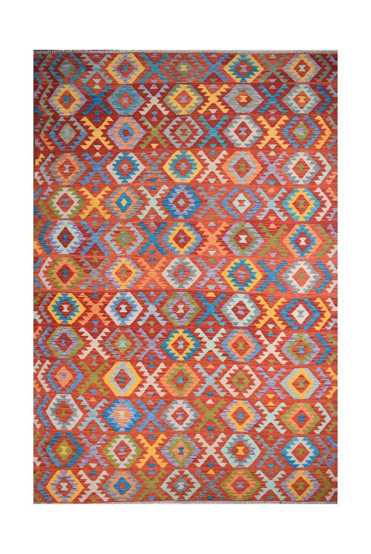 Handmade Afghan Maimana kilim rug featuring a vibrant geometric pattern in multi-colored wool.