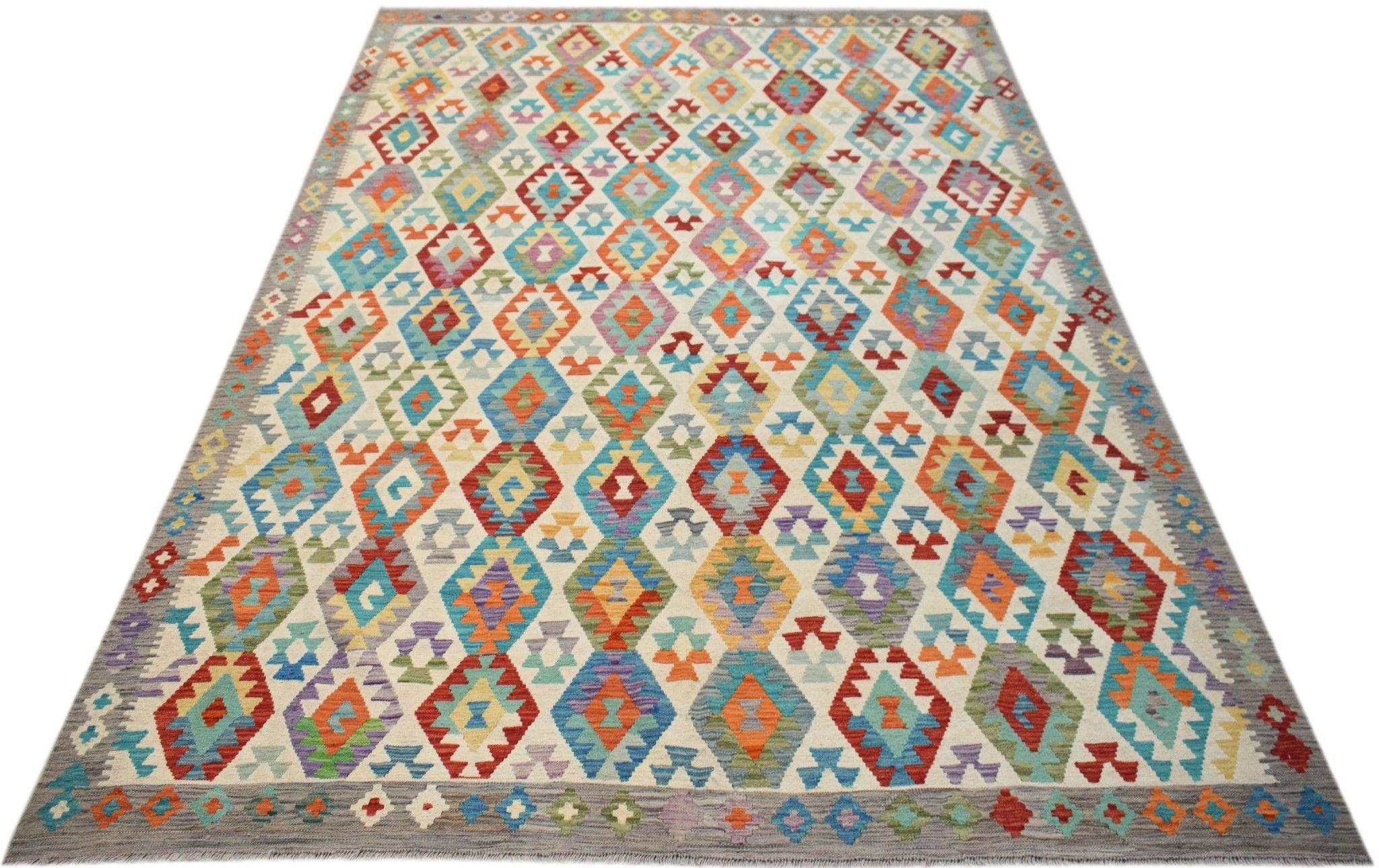 Handwoven Afghan Maimana Kilim rug featuring a colorful geometric diamond pattern on a wool base.