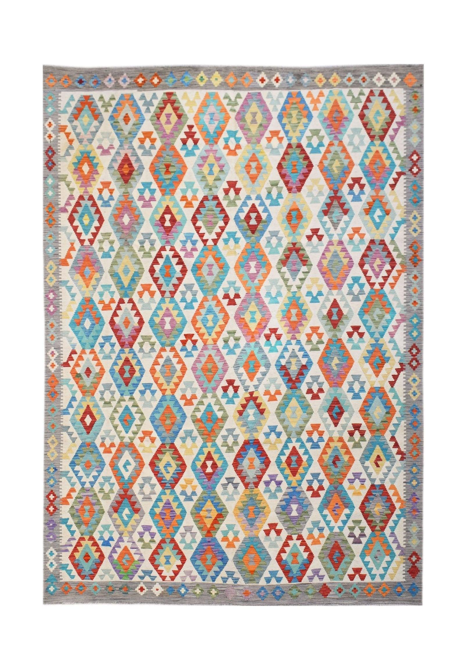 Handwoven Afghan Maimana kilim rug featuring a vibrant, multi-colored geometric diamond pattern.