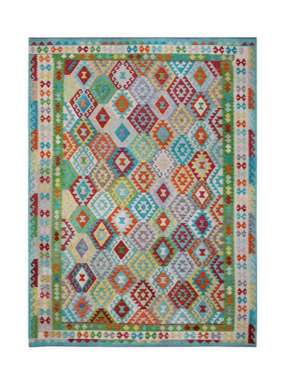 Handwoven Afghan Maimana kilim rug featuring a vibrant geometric diamond pattern in wool.