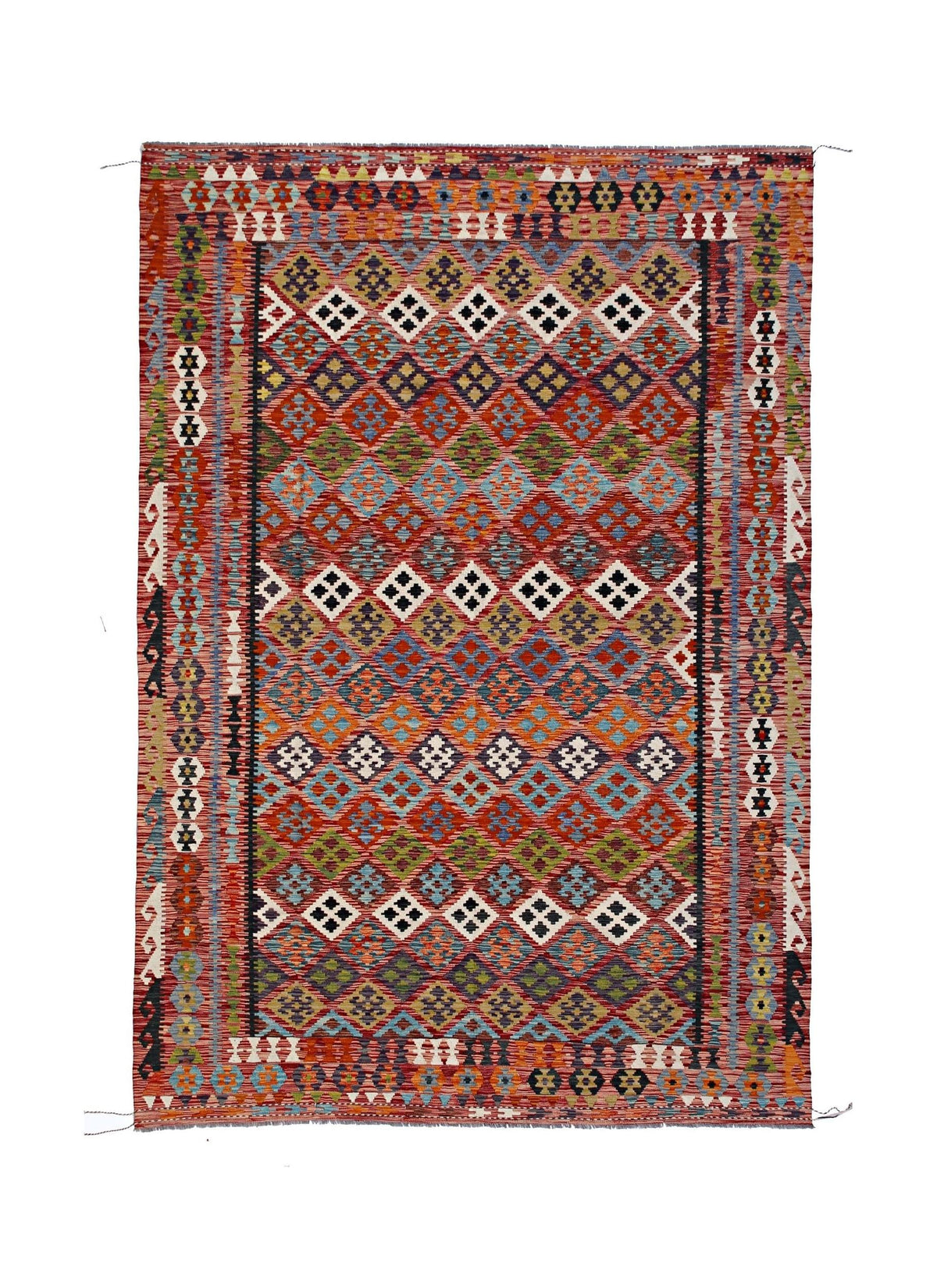 Handwoven Afghan Maimana kilim featuring a vibrant geometric diamond pattern in red, blue, green, and cream Ghazni wool.