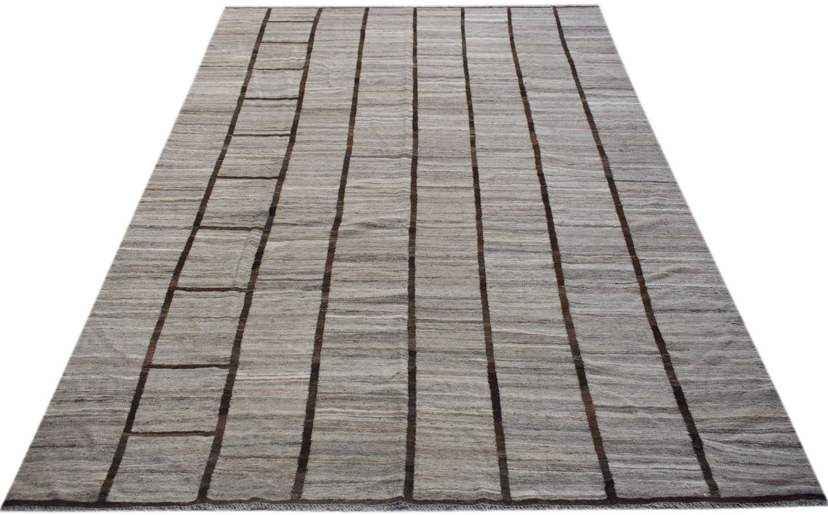 Afghan Maimana Kilim with vertical brown stripes on a light grey background.