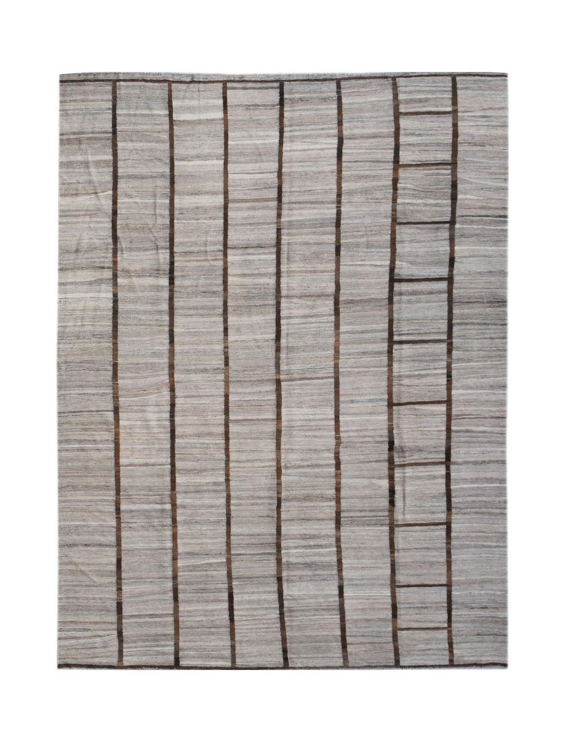 Afghan Maimana Kilim with vertical brown stripes on a grey background.